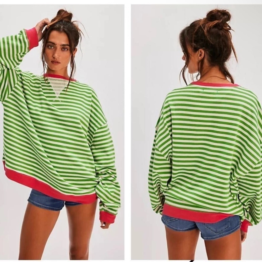 Free People Classic Striped Oversized Crewneck Sweatshirt NWT